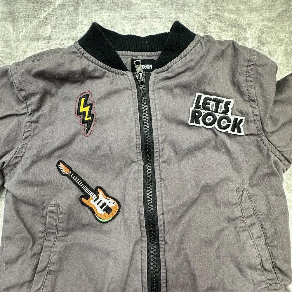 Hudson Jacket Boys 4T Gray Bomber Let's Rock Guitar Patch Lightning Youth